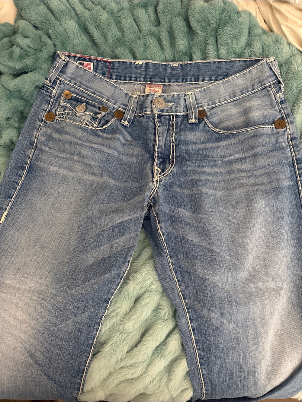 True Religion Light Blue Relaxed Jeans with Contrast Stitching